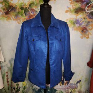 Evan Picone Blue Suede-like Zip Blazer With Gold Buttons and Pockets